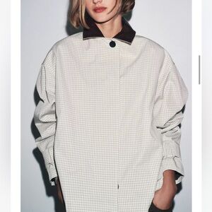 Zara NWT leather collar short trench coat plaid 3811/248